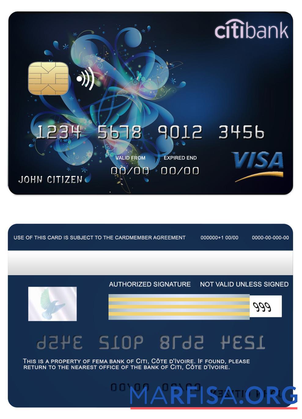 Realistic Côte d'Ivoire Citi bank visa card download for verification